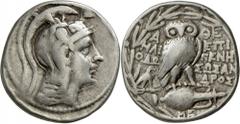 Griechische Münzen: ATTIKA - Athen: AR, Tetradrachme neuen Stils, 15,67 g, 126/5 v. behelmter Athenakopf r. // A-ΘE, ΕΠIΓΕΝΗ - ΣΩΣΑΝΔΡΟΣ - ΗΛΙΟΔΩ, unten ME, Eule auf Amphora stehend , links Adler auf 