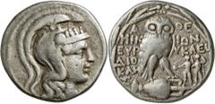 Griechische Münzen: ATTIKA - Athen: AR, Tetradrachme neuen Stils, 16,68 g, 124/3 v. behelmter Athenakopf r. // A-ΘE, MIKIΩN - ΕΥΡΥΚΛΕΙ - ΔΙΟΚΛΗΣ, Eule auf Amphora stehend , rechts Dioskuren (Datierung