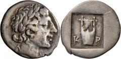 Griechische Münzen: Lykien, Kragos: Hemidrachme, 1,74g, (48-42). Apollokopf r. // K - P, Lyra in Quadratum incusum. Sear 5267, BMC 1. ss.