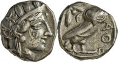 Griechische Münzen: Attika, Athen: Tetradrachme, 16,74 g, 449-413 v. Athenakopf r., mit Gegenstempel // Eule r. Kratzer. Vgl. SNG France 1440. ss.