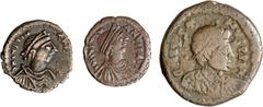 Byzanz: LOT 5 Münzen: Justinus I. (518-527): ½ Follis, Thessalonica. 6,99g. Sear 80, und Justinianus I. (527-565): Follis, Cyzicus, Jahr XIIII (540). 20,83g. Sear 207 , ½ Follis, Nicomedia, Jahr XX (5