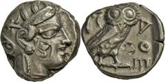 Attika: Athen: Tetradrachme, 16,85 g, 406-393 v. Athenakopf r., mit Gegenstempel // Eule r. Gegenstempel. Vgl. SNG France 1454. ss.