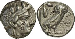 Attika: Athen: Tetradrachme, 17,03 g, 406-393 v. Athenakopf r., mit 2 Gegenstempeln // Eule r. kleine Prüfbohrung, Gegenstempel. Vgl. SNG France 1454. knapp ss.