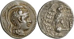 Attika, Athen: Tetradrachme ”neuer Stil”, 16,69 g, 2. Hälfte 2. Jh. v. Athenakopf r. // Eule auf Amphora stehend, re. Demeter mit 2 Fackeln. Magistrate Charinautes, Aristeas, Dionysodos. auf Amphora Δ
