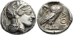 Greek Coins Attika: Tetradrachme 420/404 v. Chr., Athen, Av: Kopf der Athena Glaukopis nach rechts, Rv: Steinkauz (Athene Noctua) nach rechts, Olivenzweig (das Geschenk der Athene an die Menschen symb