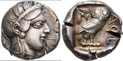 Greek Coins Attika: AR-Tetradrachme ca. 420/404 v. Chr., Athen, 17,15 g, Athenakopf nach rechts/ Eule, Prüfhieb, Schrötlingsfehler, hübsche Patina, fast vorzüglich. [taxed under margin system]