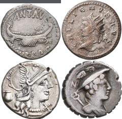 Collections Ancient Coins Antike: Lot 10 Silbermünzen aus der Römischen Republik und aus der Römischen Kaiserzeit, u.a. Sextus Pompeius Fostlus 137 v. Chr., Denar, 3,8 g / Marcus Antonius 44-30 c. Chr