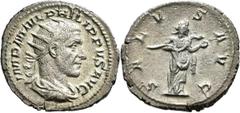 Roman Coins Philippus I. Arabs (244 - 249): AR Antoninian, 3,70 g. Drapierte Büste mit Strahlenkrone nach Rechts, IMP M IVL PHILIPPVS AVG / Salus nach rechts stehend, füttert Schlange, SALVS AVG. Ric.