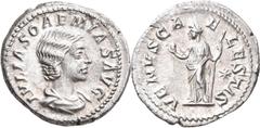 Roman Coins Iulia Soaemias, Mutter des Elagabal (+ 222 n.Chr.): Denar, Rom. Drapierte Büste von Julia Soaemias nach rechts, IVLIA SOAEMIAS AVG / Venus mit Apfel und Zepter, VENVS CAELESTIS, im rechten