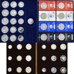 Alle Welt: Olympische Spiele: Zwei Kassetten mit 42 Silber-Münzen mit Olympia Motiv. Dabei Serie Athen / Griechenland 1981/1982 mit 6 Sets zu 100/250/500 Drachmen, Serie Los Angeles / USA 1983/1984 mi
