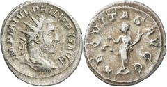 Philippus I. Arabs (244 - 249): AR-Antoninian, 3,76 g. Büste mit Strahlenkrone nach rechts, IMP M IVL PHILIPPVS AVG / Aequitas mit Waage und Füllhorn, AEQVITAS AVGG. RIC 27, Kampmann 74.2. Etwas flau,