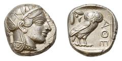 * Antike, Griechen * Attica, Athen. Tetradrachme, um 420/405 v. Chr.; 17,18 g. Av. Athenakopf nach rechts mit attischem Helm, Rv. Eule nach rechts, dahinter Olivenzweig und Mondsichel.