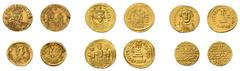 Antike, Byzantinisches Reich 5 Byzantische Münzen sowie 1 arabischer Dinar: Pacos, Solidus (602-610), Heraclius mit Heraclius Constantin und Heraclonas, Solidus (610-641), Constans II., Solidus (641-6