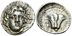 Rhodos AR Didrachm, c. 250-230 BC Islands off Caria, Rhodos. AR Didrachm (20-21 mm, 6.41 g), c. 250-230 BC. Timotheos, magistrate. Obv. Radiate head of Helios facing, slightly inclined to right. Rev. 