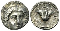 Rhodos AR Didrachm, c. 230-205 BC Islands off Caria, Rhodos. AR Didrachm (19 mm, 6.44 g), c. 230-205 BC. Eukrates, magistrate. Obv. Radiate head of Helios facing, slightly inclined to right. Rev. POΔI
