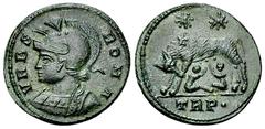 Urbs Roma AE Nummus, Treveri Constantinus I (306-337 AD). AE Nummus (17-18 mm, 2.83 g), Treveri (Trier), 332-333 AD. Obv. VRBS ROMA, Helmeted head of Roma to left. Rev. Lupa Romana suckling Romulus an