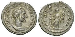 Macrinus AR Denarius, Fides reverse Macrinus (217-218 AD). AR Denarius (21 mm, 3.06 g), Rome. Obv. IMP C M OPEL SEV MACRINVS AVG, Laureate and cuirassed bust to right. Rev. FIDES MILITVM, Fides standi
