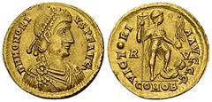 Honorius AV Solidus, Ravenna Honorius (393-423 AD). AV Solidus (20-21 mm, 4.48), Ravenna, 402-406. Obv. D N HONORIVS P F AVG, Pearl-diademed, draped, and cuirassed bust to right. Rev. VICTORIA AVGGG /