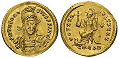 Theodosius II AV Solidus Theodosius II (402-450 AD). AV Solidus (20 mm, 4.42 g), Constantinopolis, c. 430-440 AD. Obv. D N THEODOSIVS P F AVG, helmeted and cuirassed bust facing slightly right, holdin