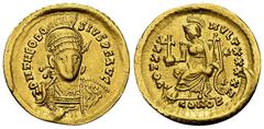 Theodosius II AV Solidus Theodosius II (402-450 AD). AV Solidus (20 mm, 4.43 g), Constantinopolis, c. 430-440 AD. Obv. D N THEODOSIVS P F AVG, helmeted and cuirassed bust facing slightly right, holdin