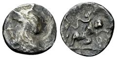 Tarentum AR Diobol, c. 280-228 BC Calabria, Tarentum. AR Diobol (11 mm, 0.68 g), c. 280-228 BC. Obv. Head of Athena to left, wearing crested Attic helmet decorated with Skylla. Rev. TA, The infant Her