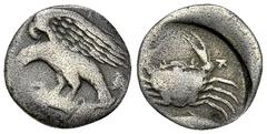 Akragas AR Hemidrachm, c. 420-410 BC Sicily, Akragas. AR Hemidrachm (16 mm, 1.91 g), c. 420-410 BC Obv. Eagle to left, clutching dead hare in its talons. Rev. Crab; fish to right below. SNG ANS 1003. 