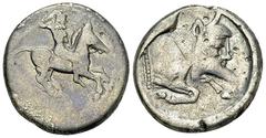 Gela AR Didrachm, c. 490-475 BC Sicily, Gela. AR Didrachm (8.15 g), c. 490/485-480/475 BC. Obv. Nude horseman galloping right, brandishing a spear overhead in his right hand. Rev. Forepart of man-head