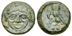 Kamarina AE Tetras, c. 420-405 BC Sicily, Kamarina. AE Tetras (14 mm, 3.61 g), c. 420-405 BC. Obv. Facing gorgoneion. Rev. KAMA, Owl standing left, holding lizard; three pellets (mark of value) in exe