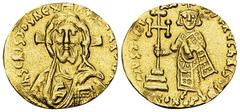 Justinian II AV Solidus Justinian II, First reign (685-695 AD). AV Solidus (18-19 mm, 4.31 g), Constantinople, 692-695. Obv. IhS CRISTЧS REX REGNANTIЧM, Draped bust of Christ facing, with long hair an