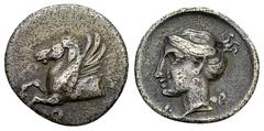 Corinth AR Hemidrachm, c. 350-300 BC Corinthia, Corinth. AR Hemidrachm (13 mm, 1.28 g), c. 350-300 BC. Obv. Forepart of Pegasos with curved wing to left; Koppa below. Rev. Head of Aphrodite to left, A