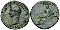 Caligula AE As, Vesta reverse Caligula (37-41 AD). AE As (28 mm, 11.77 g), Rome, 37-38 AD. Obv. C CAESAR AVG GERMANICVS PON M TR POT, bare head of Caligula left. Rev. VESTA / S - C, Vesta, veiled and 