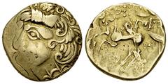 Ancient Coins Bituriges Cubi AV Stater, c. 60-50 BC Celtic Gaul. Bituriges Cubi. AV Stater (19 mm, 7.20 g), c. 60-50 BC, "à la victoire ailée"-type. Obv. Celticized head to left; floral pattern to lef