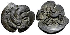 Ancient Coins Coriosolites BI Stater, c. 100-50 BC, very rare variety Celtic Gaul. Coriosolites. BI Stater (24 mm, 6.07 g), c. 100-50 BC. Obv. Celticized head of Apollo to right, his hair in large spi