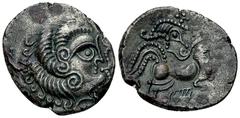 Ancient Coins Coriosolites BI Stater, c. 100-50 BC Celtic Gaul. Coriosolites. BI Stater (24 mm, 6.42 g), c. 100-50 BC. Obv. Celticized head of Apollo to right, his hair in large spiral curls; before, 