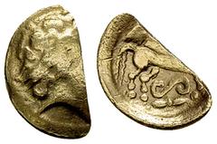 Ancient Coins Helvetii fragmentary AV 1/4 Stater, very rare Celtic Gaul. Helvetii. Fragment of a 1/4 AV Stater (8-14 mm, 0.90 g), 2nd-1st century BC, 'à l'S couché' type. Obv. Celticized head of Apoll
