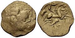 Ancient Coins Namnetes debased AV Stater, 2nd-1st century BC Celtic Gaul. Namnetes. Debased AV State (24 mm, 6.35 g), 2nd-1st century BC, 'a l'hippophore - à la croix' type. Obv. Celticized head of Ap