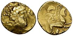 Ancient Coins Pictones, AV Stater, 2nd-1st century BC Celtic Gaul. Pictones. AV Stater (18-20 mm, 7.60 g), 2nd-1st century, 'à la main' type. Obv. Celticized male head to right, with strings of pearls