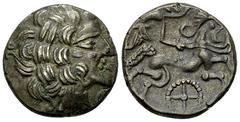 Ancient Coins Redones BI Stater, c. 80-50 BC Celtic Gaul. Redones. BI Stater (20 mm, 6.60 g), c. 80-50 BC, 'au profil imberbe' type. Obv. Celticized laureate head of Apollo to right. Rev. Devolved cha