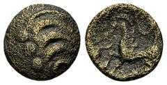 Ancient Coins Remi debased AE 1/4 Stater, 'à la griffe' type Celtic Gaul. Remi. Debased, gold-plated AE 1/4 Stater (11 mm, 1.16 g), 'à la griffe' type, 2nd-1st century BC. Obv. Devolved head to left. 