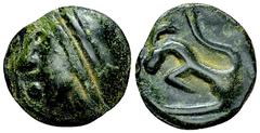 Ancient Coins Sequani AE Cast potin unit, c. 70-40 BC Celtic Gaul, Sequani. AE Cast potin unit (18-19 mm, 4.00 g), c. 70-40 BC. Obv. Celticized head with double headband to left. Rev. Horned animal wi