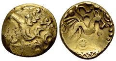 Ancient Coins Suessiones AV Stater, c. 80-50 BC Celtic Gaul. Suessiones. AV Stater (19 mm, 6.04 g), c. 80-50 BC, 'à l'ancre type'. Obv. Devolved laureate head of Apollo to right. Rev. Celticized horse