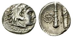 Ancient Coins Alexander III 'the Great' AR Hemiobol, very rare Kings of Macedon. Alexander III 'the Great' (336-323 BC). AR Hemiobol (8 mm, 0.57 g), 'Babylon', c. 317-311. Obv. Head of Herakles to rig