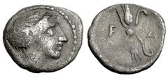 Olympia Hemiobol, Hera / thunderbolt, very rare and ex BCD Olympia, Hera mint. AR Hemiobol (8-9 mm, 0.43 g), c. 350s BC. Obv. Head of Hera to right, wearing stephane. Rev. thunderbolt with volutes abo