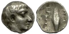 Magnesia AR Tetartemorion, barley grain reverse, very rare Magnesia, Ionia. AR Tetartemorion (5 mm, 0.17 g), c. 400-350 BC (?). Obv. Youthful head right. Rev. Barley ear between two maeander pattern. 