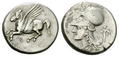 Corinth AR Stater, c. 300 BC Corinth, Corinthia. AR Stater (20-21 mm, 8.48 g), c. 300 BC. Obv. Pegasos flying left, Ϙ below. Rev. Head of Athena left, wearing laureate corinthian helmet; behind, Athen