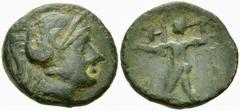Mantineia Trichalkon, c. 290s-270s, ex BCD Mantineia, Peloponnesos. AE Trichalkon (18 mm, 4.12 g), c. 290s-270s BC. Obv. Head of Athena wearing attic helmet right. Rev. MAN, Poseidon striding left, le
