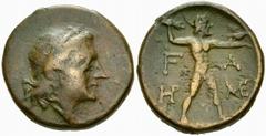 Olympia AE Half Unit, late 3rd Century, ex BCD Olympia, Elis. AE Half Unit (17 mm, 4.48 g), late 3rd Century - 191 BC. Obv. Laureate head of Apollo right. Rev. F A / HP - ME, Zeus striding right, hurl