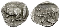 Kyzikos Hemiobol, boar / lion Kyzikos, Mysia. AR Hemiobol (9 mm, 0.40 g), c. 500-490. Obv. Forepart of boar left, behind, tunny fish. Rv. Lion's head left, above, star; all within square incuse. SNG B