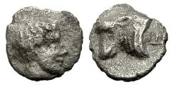 Hekatomnos AR Tetartemorion, youthful head / forepart of bull, extremely rare Satraps of Caria. Hekatomnos (395-377 BC). AR Tetartemorion (6 mm, 0.25 g). Obv. Youthful head right (Apoll or Hekatomnos?