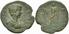 Geta 2 Assaria, Hermes reverse, Boura Geta Caesar (198-209 AD). AE 2 Assaria (21 mm, 6.11 g), Boura, Peloponnesos. C. 198-205 AD. Obv. ΛO CЄΠTIMIOC ΓЄTAC, bare-headed, draped and cuirassed bust right,